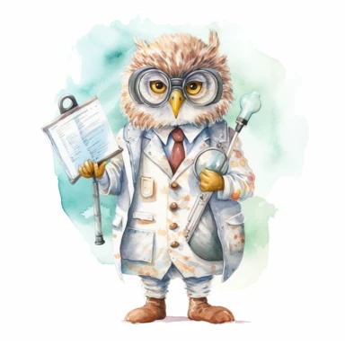 a whimsical watercolor clipart image with a white background, portraying an inquisitive owl scientist wearing a lab coat and holding a clipboard, carefully documenting their observations.
