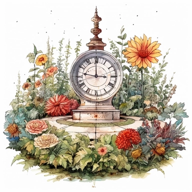 An antique sundial in the middle of a flower garden clipart, white background, watercolor drawing