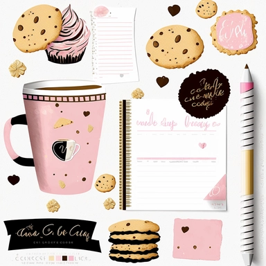 cookie clipart, to do list clipart, planner clipart, stationary, coffee cup, pink and white, c20, no words or letters, no numbers, V5