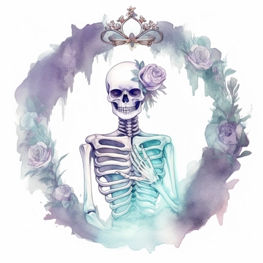 pastel female skeleton with a flower crown and a dress in a circle, half body, cute but spooky Halloween, shades of pastel purple and aqua, glamorous, watercolor, white background with margins, clipart style — uplight