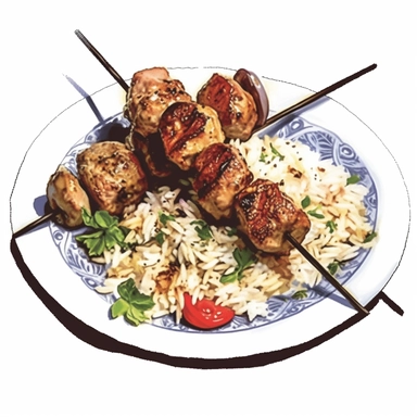 pork souvlaki dinner with rice and potatoes with a white background clip art
