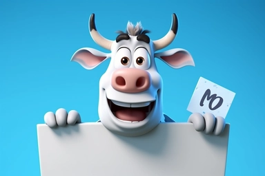 character cartoon cow with banner in clipart 3d image, in the style of unreal engine 5, natalia rak, movie still, matte photo, lightbox, relief, white and cyan