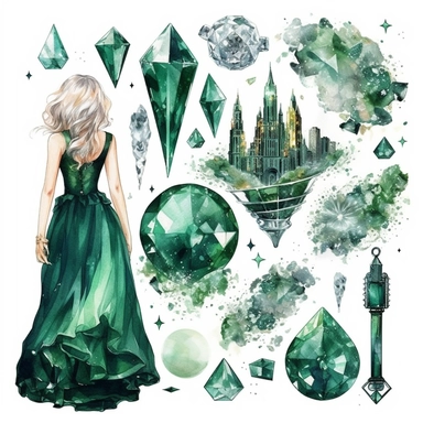 Emerald City Clipart PNG Set, emerald princess, Watercolour Illustration clipart, 4K, extremely detailed