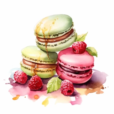 Macaroons with various fillings like raspberry, chocolate, and pistachio clipart, white background, watercolor sophisticated drawing