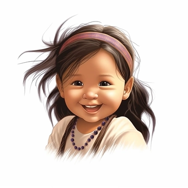 Adorable, cute, native american, long black hair, baby girl, happy, smiling, wearing a satin ribbon in her hair, extreme focus, professional artists rendition, no text, no logo, no name, no letters, Highly Detailed, clip art, white background, smooth edges, flawless Facial Features,