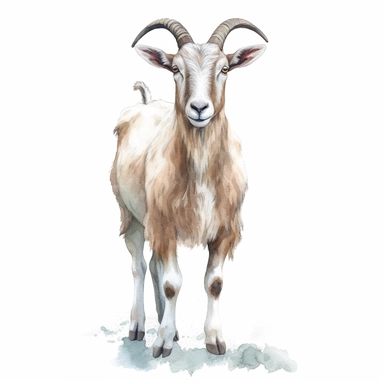 clipart, muted tones, highly realistic, water colour, hand drawn, beautiful, male goat, buck, looking at camera, white background, whole animal, standing up