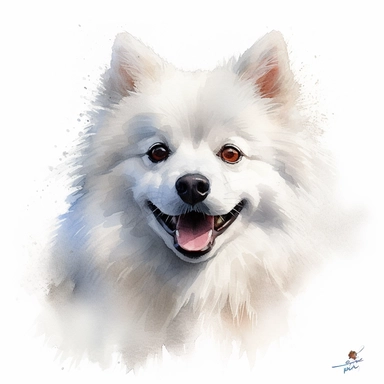 cute American Eskimo dog portrait, full face, centered shot, side shot, dynamically posed, in action, playful mood, happy mood, playing mood, cute face, adorable smile, childlike eyes, clean watercolor illustration, white background, nursery baby imagery, painting, detailed, 8k, PNG, clipart,