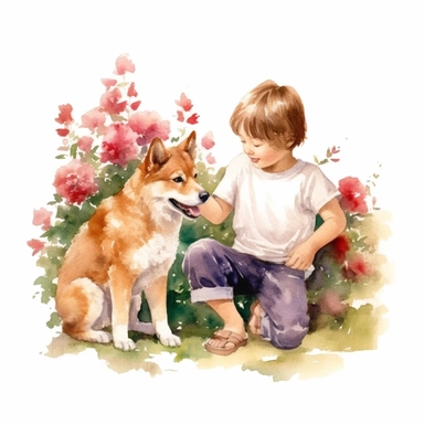 watercolor Shiba Inu and a beauty boy playing together in a rose garden realistic Clipart on white background