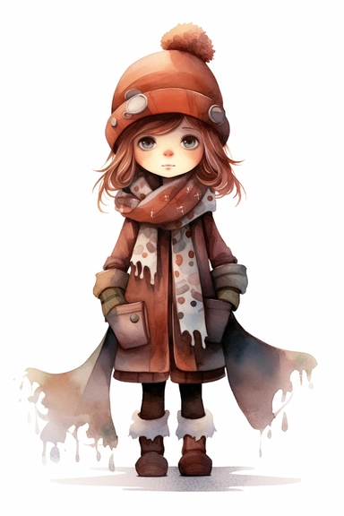 a girl in a hat who's wearing brown, gloves and a scarf, in the style of whimsical watercolors, embossed paper, tinkercore, jagged edges, primitive figurines, simple designs, clipart