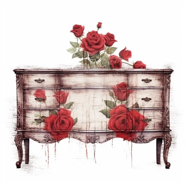 A beautifully weathered vintage sideboard, its timeworn surface showcasing the craftsmanship of a bygone era. The weathered wood and intricate carvings add character, and an abundance of vibrant red roses graces the top, infusing the piece with timeless elegance. White background, clipart, watercolor, intricate detai