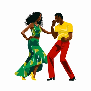 a black couple jazz dancing, dressed in red, green and yellow colors, the sugar shack Ernie Barnes art, juneteeth clipart, watercolor art, faceless, minimalist clipart, white background