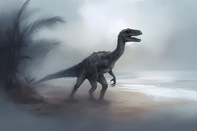 realistic clipart velociraptor in foggy enchanted beach, digital painting