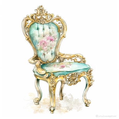 Make a clipart of a shabby chic, fairytale watercolor victorian breakfast chair, bright pastel colors of turquoise, green and pink, gold accents, rococo, black outlines, hd, white background