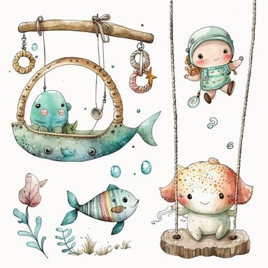 watercolor sketch illustration of adorable boho digital clipart, fishing pole, board game, swings, nursey, digital art concept, art, 8k, hd kawaii , isolated on a white backround
