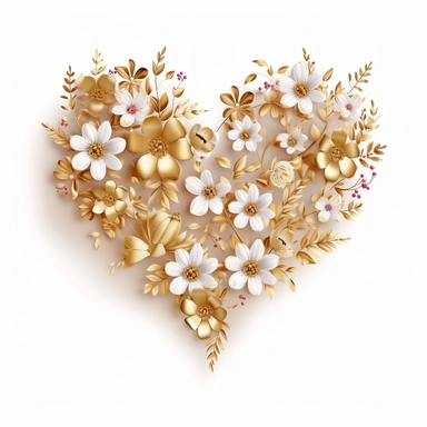 a thin gold heart shape with the outside covered with some minimalist flowers, clipart on white background
