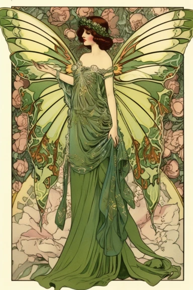 Vintage 1920 Symmetrical Fully Clothed Female Fairy with Large green Wings on its back Illustration, Chromolithograph, 1920s Illustration, Vintage, Antique, Ephemera, Clipart, 8k, on a vintage magazine cover