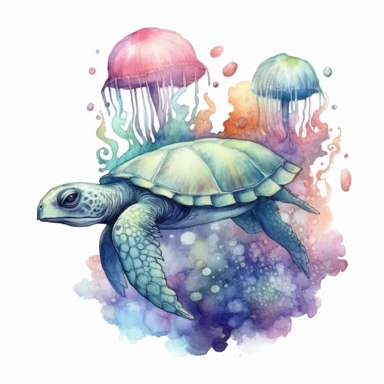 Whimsical Jellyfish and sea turtle, fantastical marine setting, clipart, watercolor style, white background