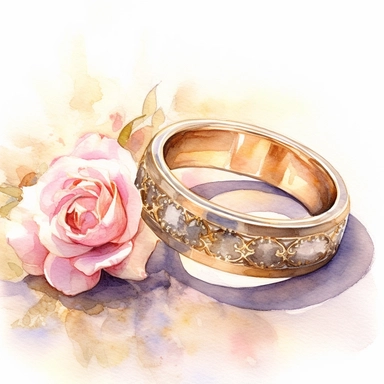 2 same wedding rings with small rose blooms background, diamond solitaire rings. single diamond as the centerpiece, held securely in place by a prong setting. The bands are made of gold, and adorned with intricate engravings or small accent diamonds.watercolor impressionist shadow gradation, watercolor 8k ultra detail with white background high sharpness ultra detail, for clip art