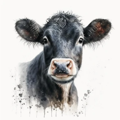 detailed watercolour 4k cute fully black no white cow old adult big cow face clipart white background