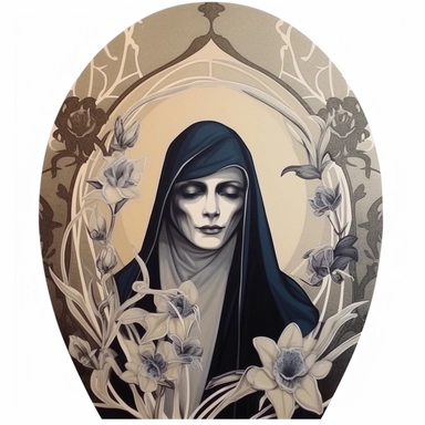sticker, clipart, cloaked woman, mystical theme, botanical frame, art deco, white background, pattern