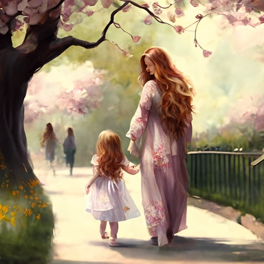beautiful young pregnant mother with long beautiful blonde hair and toddler daughter with beautiful ong auburn hair holding hands walking in park, flowering trees, path lined with benches, highly detailed, realistic, fantasy, ethereal, soft colors, sharp focus, clipart style