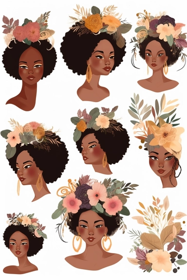 animated clipart bundle african american mother concepts, clipart bundle with beautiful flowers, beautiful faces, beautiful eyes and differential body types and skin tones, harlem Renaissance, Mother's Day White background