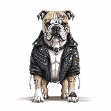 English bulldog dressed as a rocker with very stylish, clear and detailed white background clipart text at the beginning of the description. The English bulldog is dressed in a black leather jacket adorned with metal studs and zippers, paired with black leather pants and combat boots. The jacket has a classic collar and a cropped silhouette, creating a stylish and edgy look for the bulldog. The outfit is complete with a black leather collar with silver hardware, matching the jacket. The image is