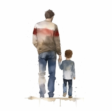 father standing with older son, facing away from camera, watercolor illustration with plain white background, clipart