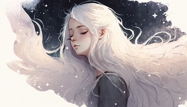Young beautiful innocent kind girl with white hair sleeping, lying down deeply sleeping in a comfy bed. Strong and brave. Portrait. Shimmering translucent skin. Fantasy, meditating, holy. Puffy pillows and bed. Dappled lighting. Tulle layers detailed layering sun dress. Muted Pastel color lighting. Watercolor Clipart, cel shading, vector, clipart, 8k, line art, sacred geometry, surreal, glistening highlights, stars in her hair, purple eyes, acrylic art style, beautiful cartoon anime, portrait, m