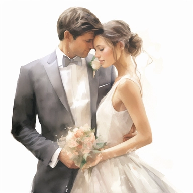 Wedding bride and groom, clipart, white background, in the style of elegant realism, muted and subtle tones, detailed painting, transparency and lightness