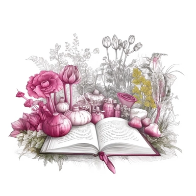 peaceful cottagecore open book with a garden vegetables rising from the book, pink, pencil sketch, clipart, isolated white background, in the shape of a circle