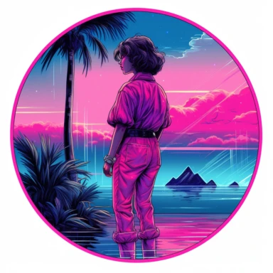synthwave-styled hot woman watching herself in the mirror, full-body , watercolor , in the style of dan mumford, light magenta, tropical symbolism, cute and colorful, transparent layers, rounded, vibrant and colorful, clipart, white background, high detail, individual elements