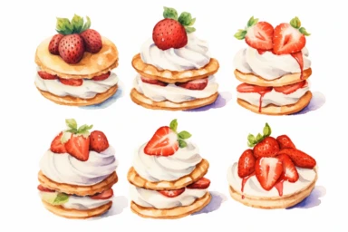6 strawberry shortcakes clipart watercolor, hd, on crisp white background, spaced out