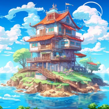 /v5_upscale, bright day, Master Roshi, island in the blue sea house with pam clipart, high detail, spaced outultra scale, detailed, extremely bright, charming, stunning, extremely detailed, miracle, amazing, mercury clouds illumination, bright background, vitamins , with holographic,