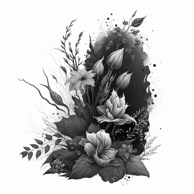 clipart aquarelle detailed, unique floral tribute, dark colors, loss and funeral theme, Black and white flowers