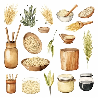 Watercolor 반찬, illustrations clipart set, simple, soft colors, cartoon elements, different variants, rice, 김치, 도라지나물, 가지나물, 파전, 단무지, 잡채, 미역무침, 콩나물, porcelain elements, chopsticks , separate elements with a margin