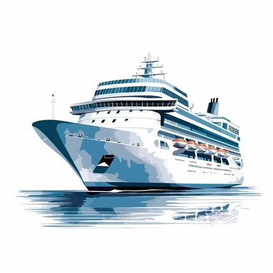 Please generate an all-white stylish cruise ship clipart. The clipart should have a sleek and modern design, showcasing a sense of elegance and sophistication. The ship should have a clean and streamlined shape, with smooth lines and minimalistic details. The white color should dominate the image, representing a contemporary aesthetic. Pay attention to the overall composition and balance of the design. The ship should include features such as windows, decks, and smokestacks, while maintaining a 