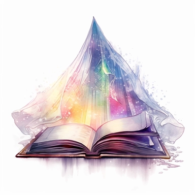Clipart, watercolor, white background: A fantasy book with a shimmering, translucent veil on its pages, symbolizing the thin barrier between the real world and the realm of imagination