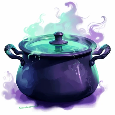 clipart, black witch's pot without lid on top of fire and firewood, green steam oozing from pot, halloween theme, pixar style, purple and black