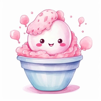 kawaii cute pink bowl of ice cream , super cute, so adorable that is breaks your heart, full body, watercolor clipart, isolated on white background, cute-core