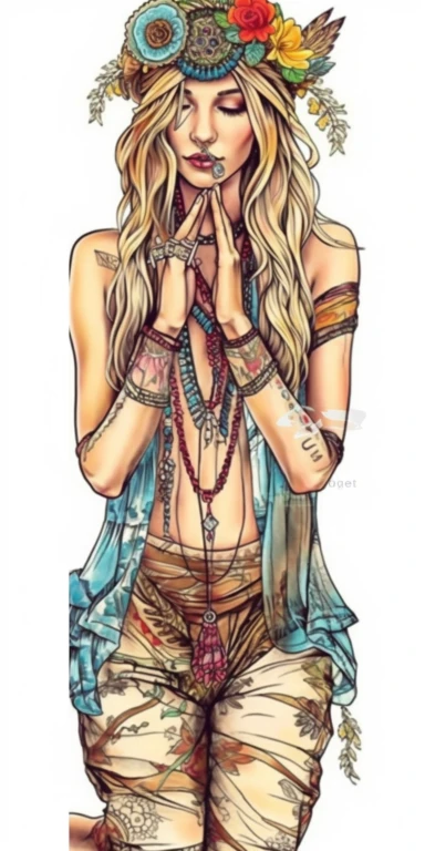 woman in fashion pose, Bohemian, exotic, blue eyed and blonde haired woman with a headband with flowers and feather, cowboy boots, lotus choker, large earrings, tattoos, hands in prayer, wearing her heart on her sleeve, watercolor illustration on white background, watercolor clipart on white background, watercolor sticker on whtie background, in th e style of Job ID: 604300f4 - 6984 - 4a9a - aa16 - 00313a985d77 Seed: 1300855054