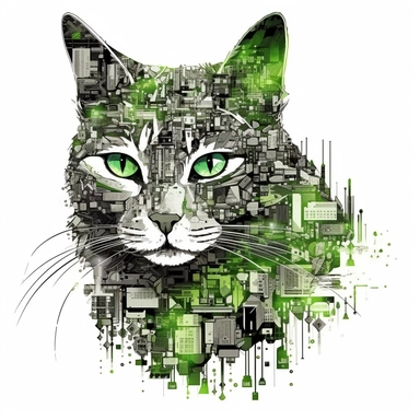 cat, collage quirky cool collage city, Felis catus clipart, Green eyes, white contour, detailed, clean line, hd, on white background, spaced out