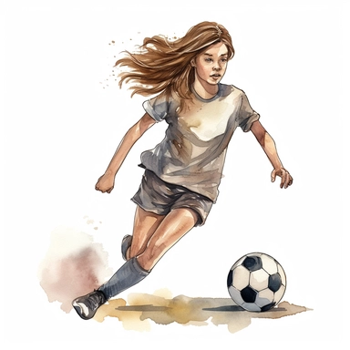 Watercolour of a teenage girl playing football , Clipart,Cartoon,hyper realistic, intricate detail isolated on a white background, high quality, sublimation, detailed, cartoon style
