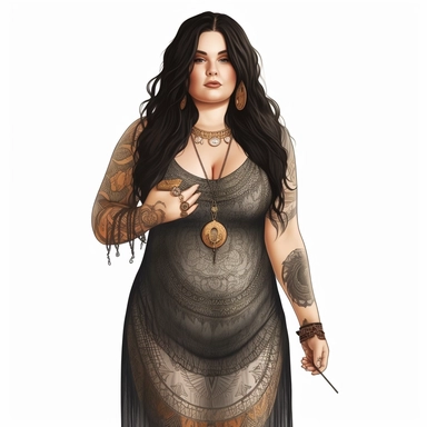 boho plus size woman, fair skin and black hair, modern, semi-realistic, spiritual, witchy, clipart, fantasy, white background, high quality, beautifully accurate illustrations