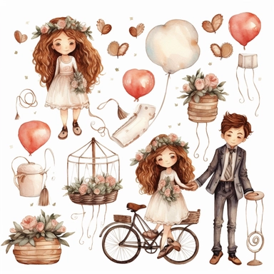 Wedding rings tied with a ribbon, cute wedding illustrations clipart set, ILLUSTRATIONS FOR THE BOOK, cartoon elements, different variants, girl with long hair in a wedding veil, wedding, husband and wife Love, Hearts balloons, veil, garland, wooden elements, sit on a bench, on the car, white transparent background separate elements with a margin Watercolor
