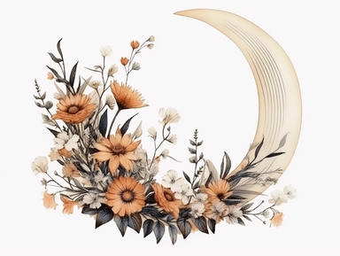 vintage pressed flowers, in a crescent moon shape, for a T-shirt graphic, minimalist, white background with margins, clipart style