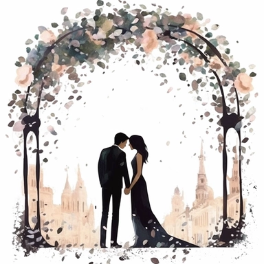 watercolor clipart with white background, black silhouette of bride and groom under an ivey covered arch with confetti in the air , cute and adorable, flat design,high quality--ar3:4--no mockups, watermarks, numbers, writing, letters--q2--v5.1--s1000