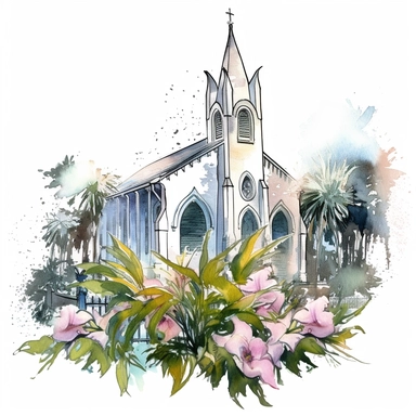 wedding day catholic white church, lilly flowers, watercolor clipart, pure white background, sharp details and ultra HD