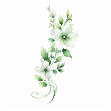 watercolor pastel green floral line for decoration, png, clipart, hd, contour white outline, isolated on white background