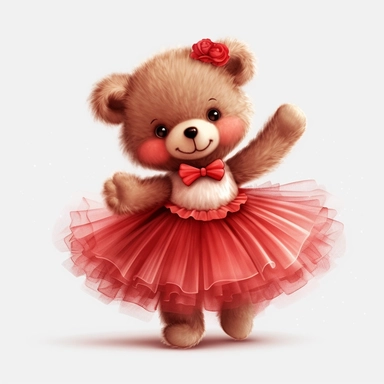 Adorable cute fantasy Teddy bear dressed like a Romantic ballerina, wearing red tutu, nursery art, clipart image, lineart image, white background , very detailed, 8k